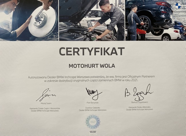 certyfikat BMW MOTOHURT Wola Warszawa